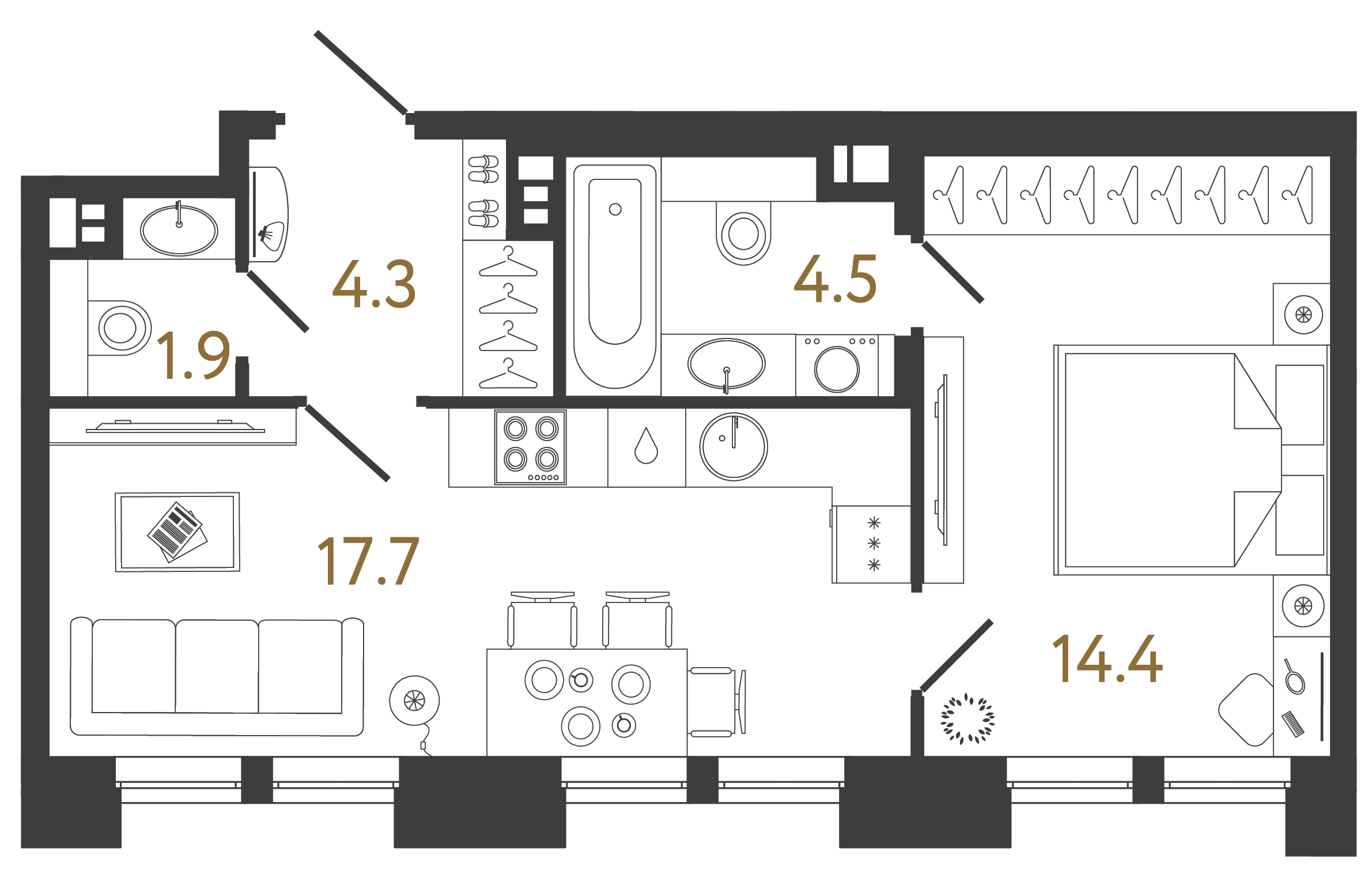 Планировка 1-комнатной квартиры 42.8 м² тип 1-1A в ЖК Коллекционер - функциональная европланировка с кухней-гостиной 17.7 м², спальней 14.4 м², гардеробом и двумя санузлами