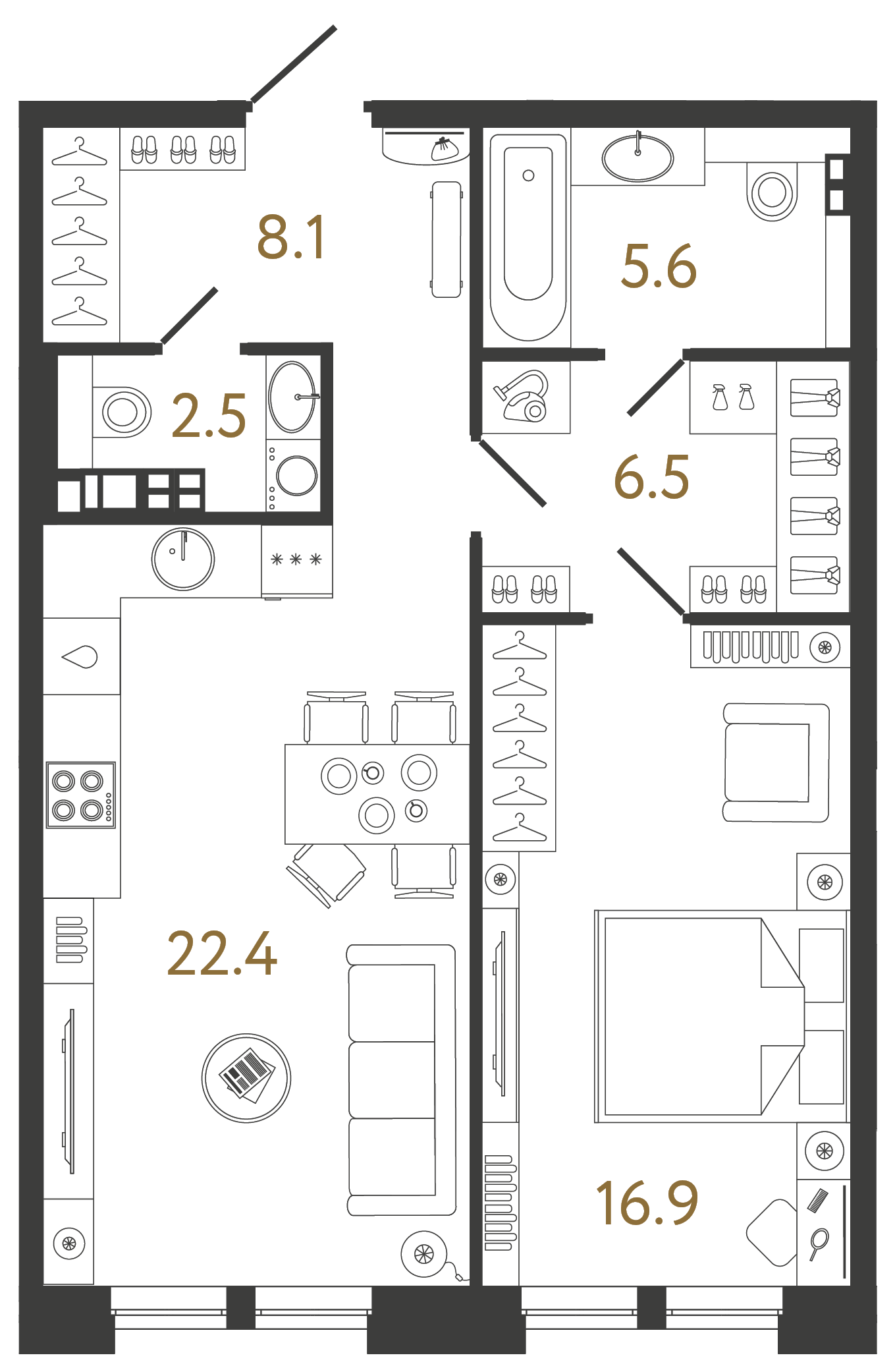 Планировка 1-комнатной квартиры 62.0 м² тип 1-1 в ЖК Коллекционер - резиденция с кухней-гостиной 22.4 м², спальней 16.9 м², мастер-зоной с гардеробной 8.1 м² и постирочной