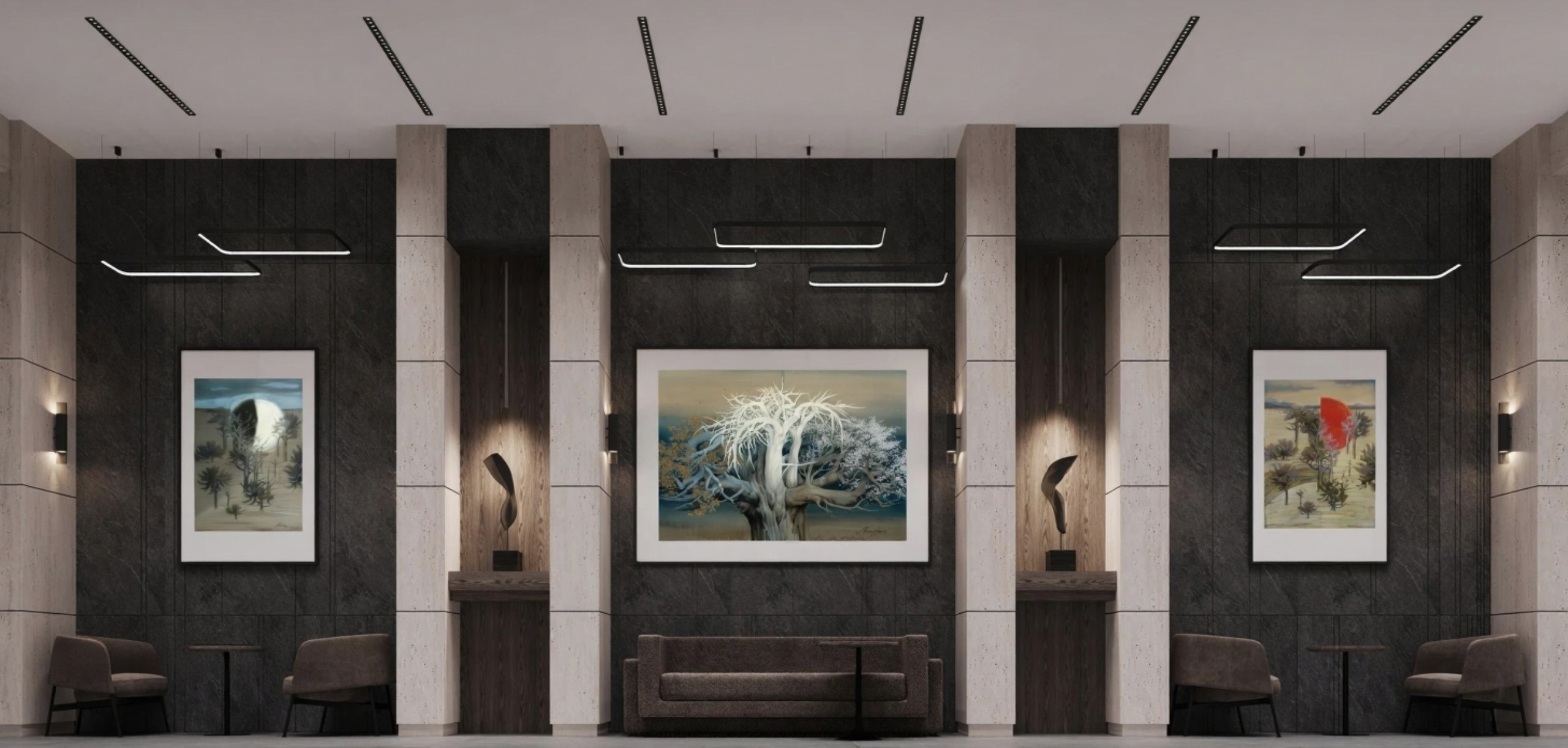 Пинакотека клубного дома «Коллекционер» с произведениями искусства Латифа Казбекова и Виктора Грачёва в современном интерьере лобби