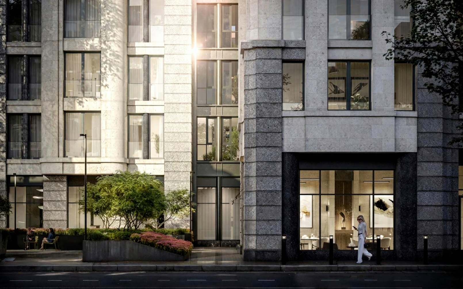 Дневной вид жилого комплекса с коммерческими помещениями на первом этаже, пешеходы на улице, современная архитектура с благоустроенной территорией