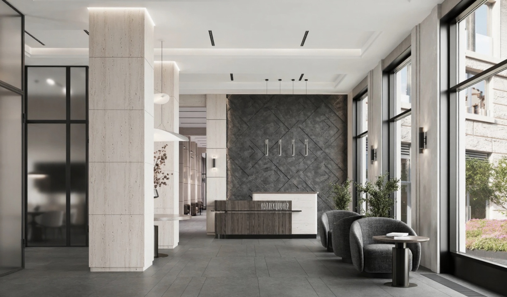 Современный интерьер лобби с минималистичным дизайном, светлыми тонами, большими окнами, стойкой ресепшн и комфортной зоной ожидания